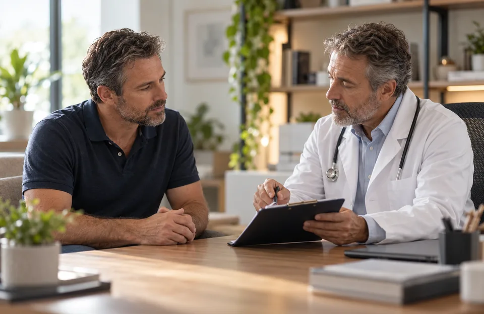 Doenças no pênis: homem conversando com um médico urologista no consultório