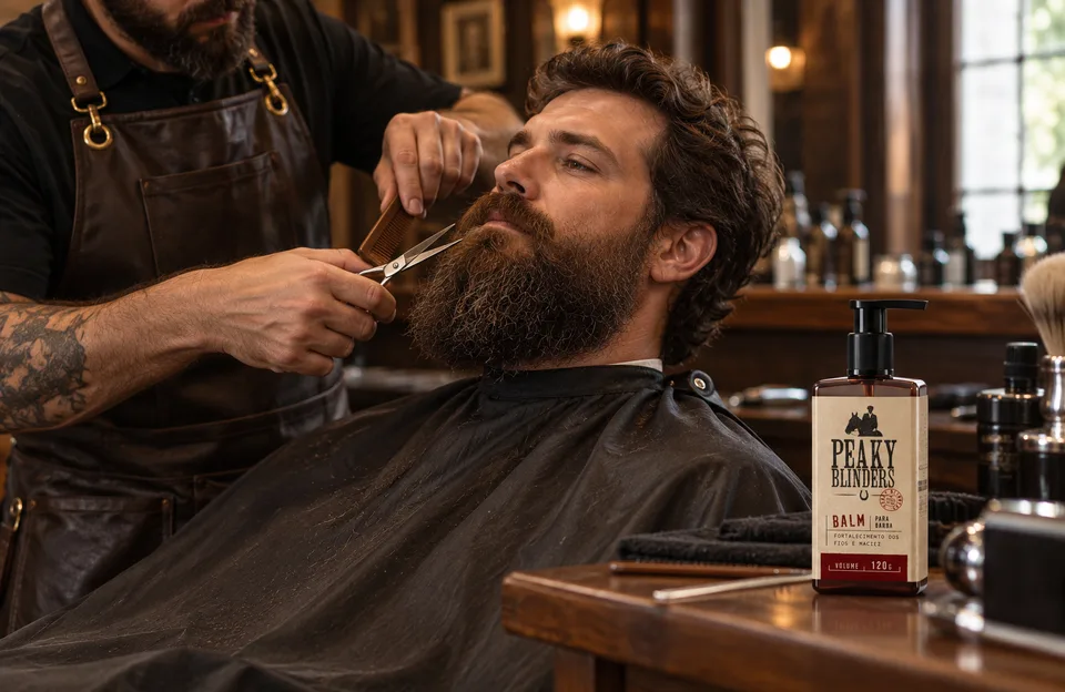 Domar a barba rebelde: barbeiro alinhando com pente e tesoura a barba volumosa do cliente, com o balm Don Alcides Peaky Blinders na bancada
