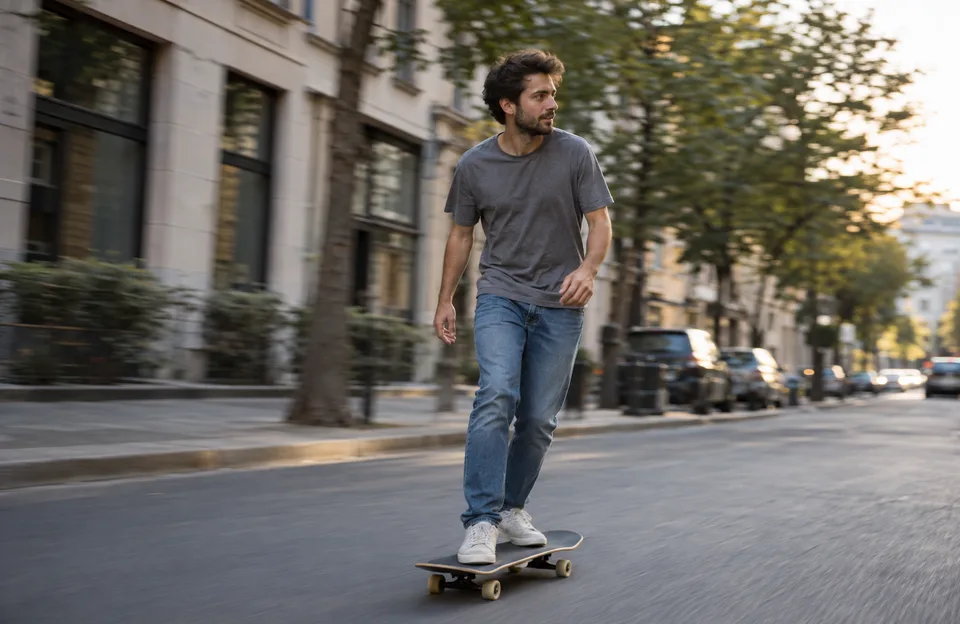 Esportes urbanos: homem andando de skate numa rua arborizada da cidade