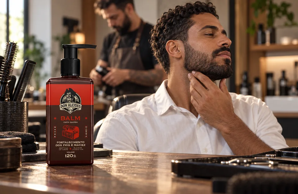 Estilos de barba: cliente conferindo o desenho da barba na barbearia com o balm para barba Don Alcides na bancada