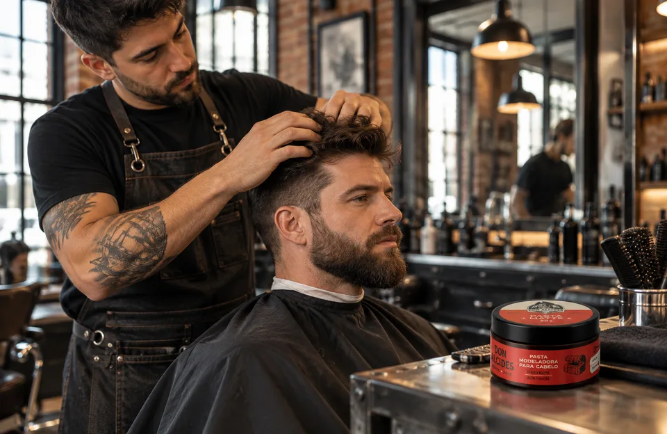 Estilos de barbearias: barbearia industrial com tijolo aparente e a pasta Matte Don Alcides Barba Negra na bancada