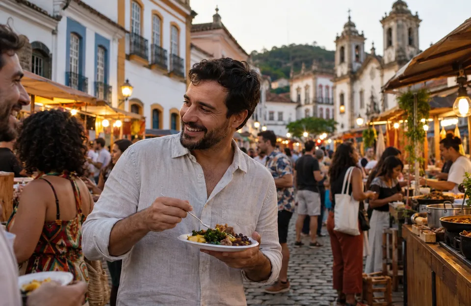 Festivais gastronômicos brasileiros: homem provando comida típica num festival de rua numa cidade histórica