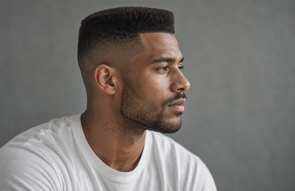 Flattop: homem com corte flattop de topo reto e laterais em degradê, de perfil