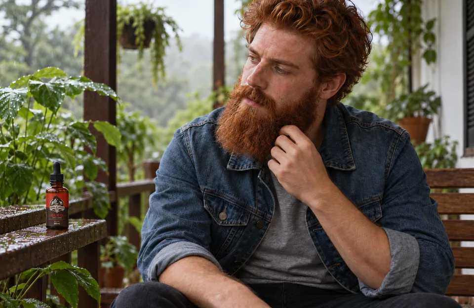 Frizz na barba: homem ruivo de barba longa passando a mão na barba numa varanda depois da chuva, com o Óleo para Barba Barba Negra Don Alcides no parapeito