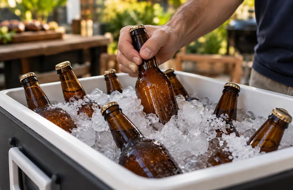 Gelar cerveja mais rápido: mão girando uma garrafa de cerveja num cooler com gelo e sal grosso
