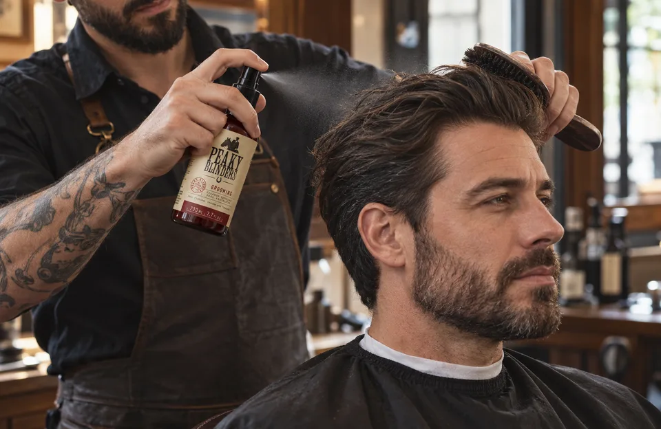 Grooming para cabelo: barbeiro borrifando o Grooming Don Alcides Peaky Blinders no cabelo penteado do cliente
