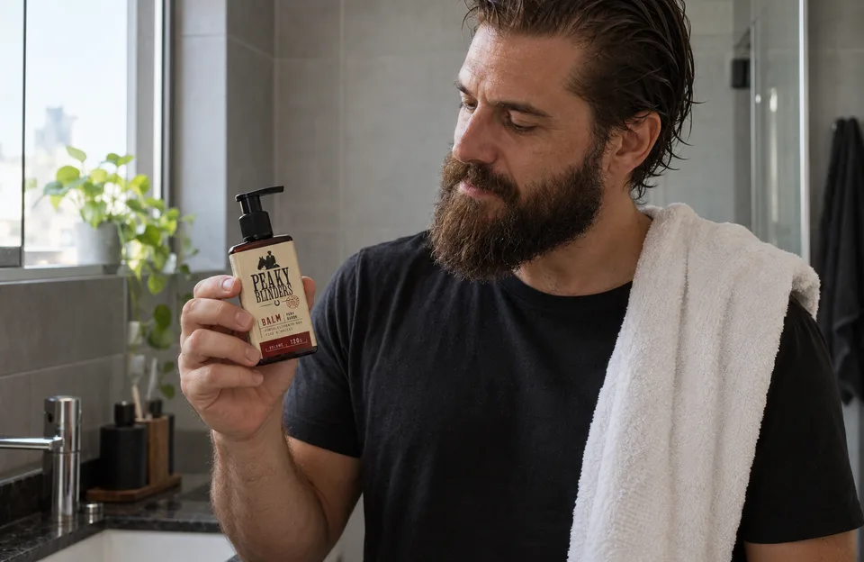 Hidratar a barba: homem de barba úmida depois do banho segurando o Balm para Barba Peaky Blinders Don Alcides