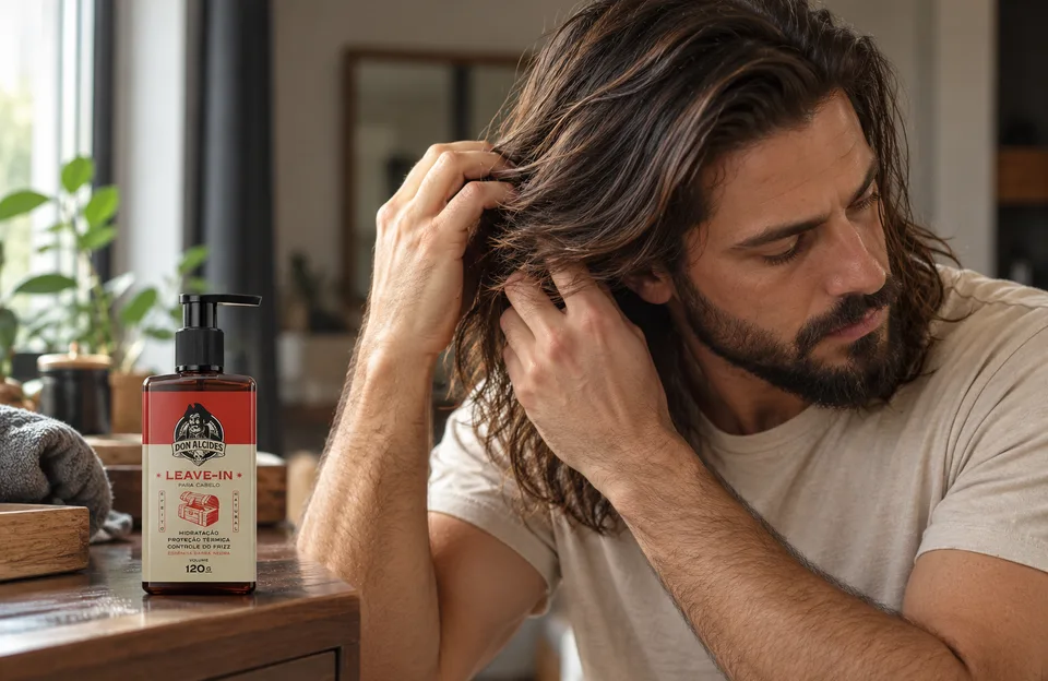 Homens com cabelo comprido: homem de cabelo comprido espalhando leave-in nos fios com o leave-in Don Alcides Barba Negra na cômoda