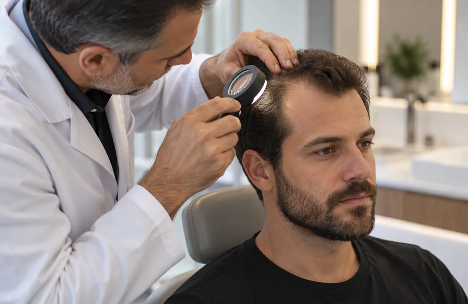 Implante capilar masculino: médico examinando com lupa o couro cabeludo de um paciente com entradas numa clínica