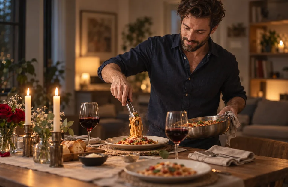 Jantar romântico: homem servindo macarrão numa mesa posta para dois com velas e taças de vinho