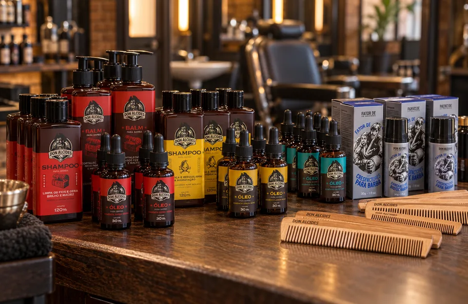 Melhores produtos para barba: balcão de barbearia com shampoos, balms, óleos, Fator de Crescimento e pentes de madeira Don Alcides