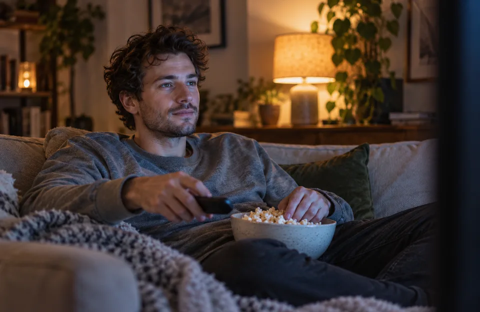 Melhores séries da Netflix: homem no sofá à noite com pipoca e controle remoto assistindo TV