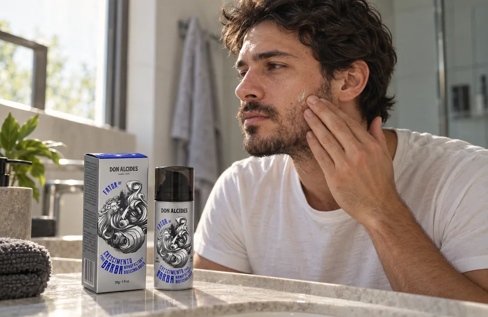 Minoxidil para barba: homem aplicando produto na barba falhada com o Fator de Crescimento para Barba Don Alcides na bancada