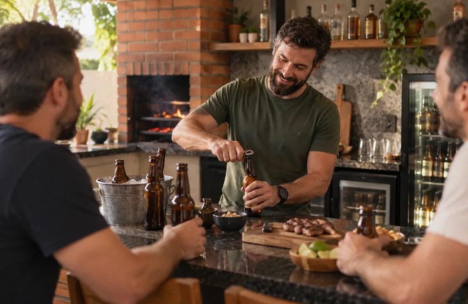 Montar um bar em casa: homem abrindo cerveja na bancada da área de churrasco, com churrasqueira de tijolo, cervejeira e amigos no balcão