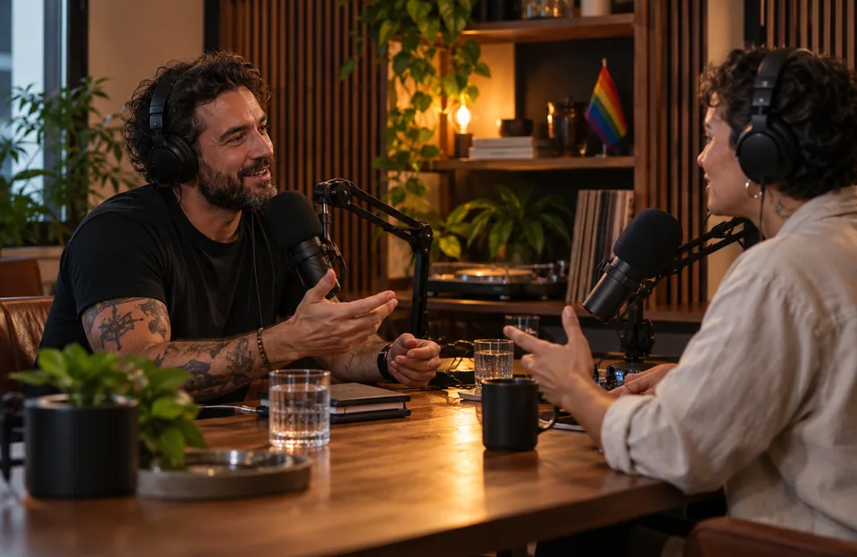 Mudança de gênero: duas pessoas conversando num estúdio de podcast com microfones