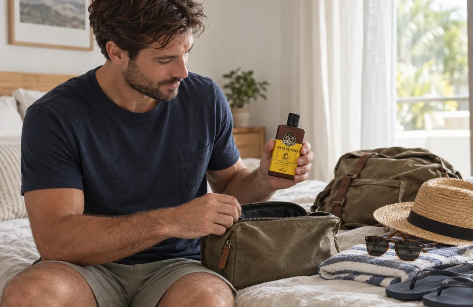 O que levar para praia: homem arrumando a nécessaire na cama, segurando o Shampoo para Barba Lemon Bone Don Alcides, com chapéu de palha, óculos e chinelo