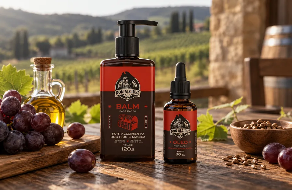 Óleo de semente de uva para barba: Balm e Óleo para Barba Barba Negra Don Alcides numa mesa de vinícola com uvas e sementes de uva