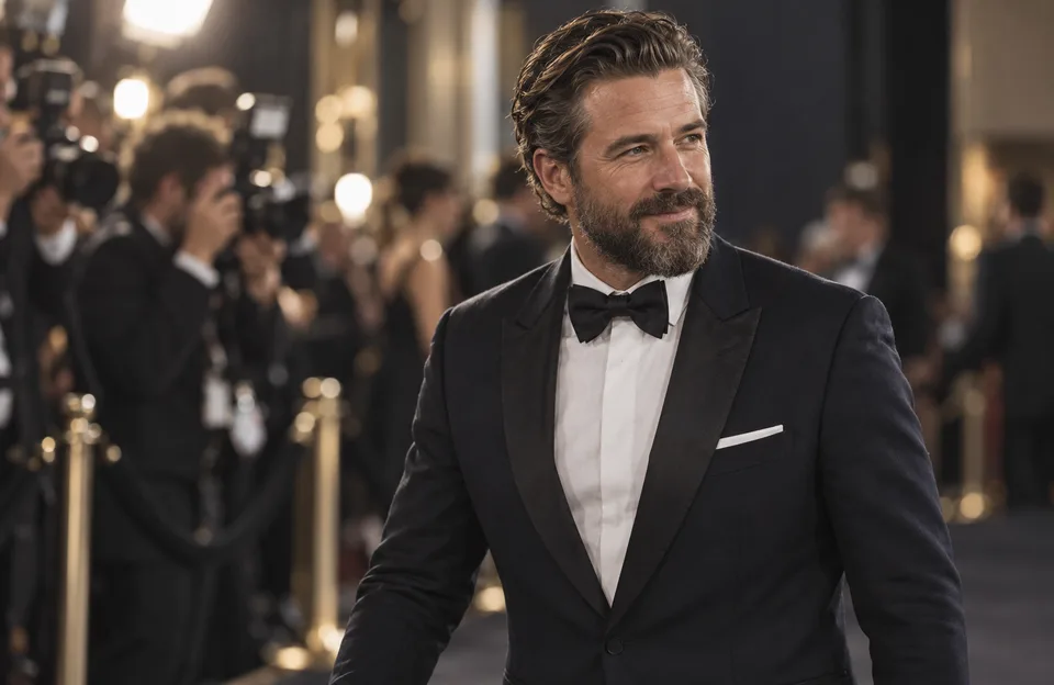 Oscar da beleza: barbeiro de smoking no tapete de um evento de premiação com fotógrafos ao fundo