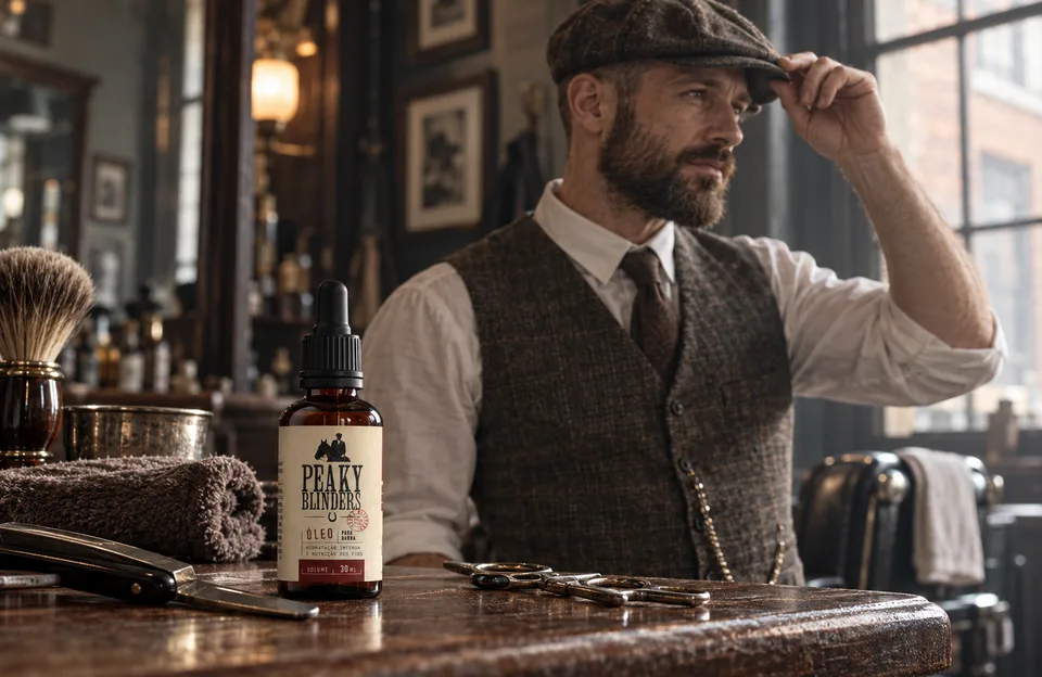 Peaky Blinders 6ª temporada: homem de colete e boina de tweed numa barbearia antiga com o Óleo para Barba Peaky Blinders Don Alcides na bancada