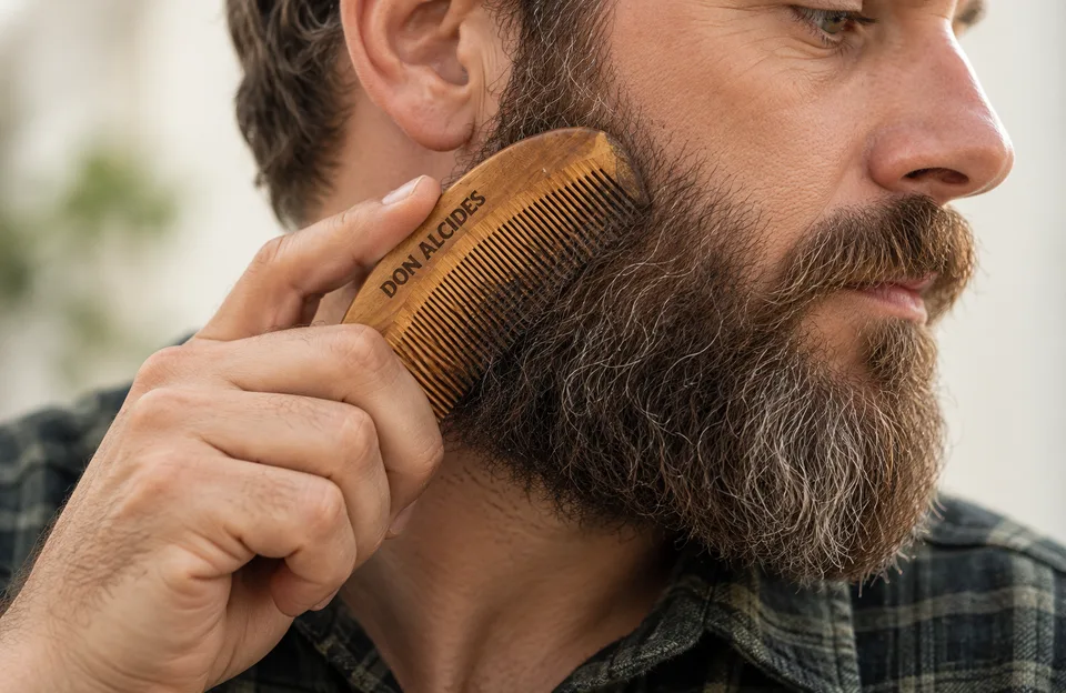Pente de madeira para barba: homem penteando a barba cheia com o pente de madeira Don Alcides