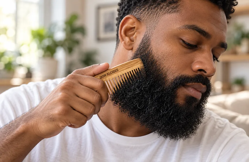 Pente para barba crespa: homem negro penteando a barba crespa com o lado de dentes largos do pente de madeira Don Alcides