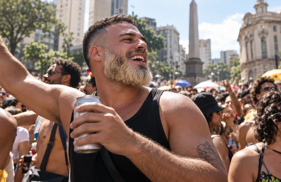 Pintar a barba para o carnaval: homem com a barba descolorida cantando num bloco de rua na Praça Sete, no centro de Belo Horizonte