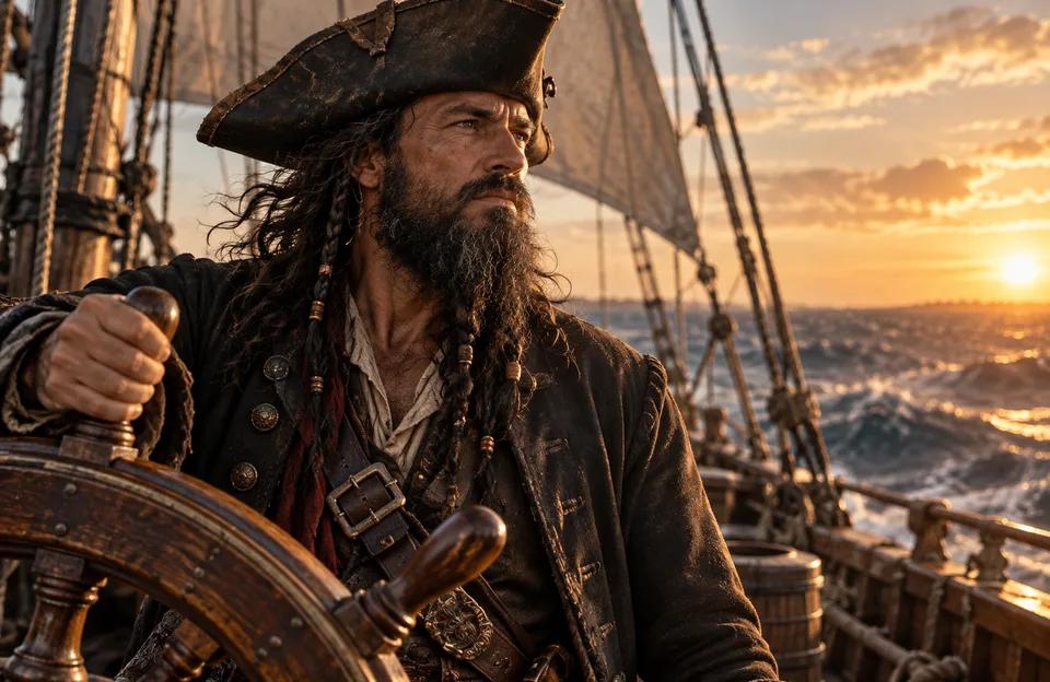 Pirata Barba Negra: pirata de barba negra longa e chapéu tricórnio no leme de um navio ao entardecer