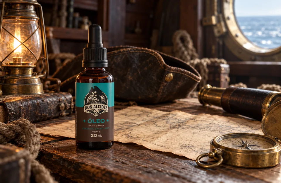 Pirata Calico Jack: Óleo para Barba Calico Jack Don Alcides sobre mapa náutico na cabine de um navio antigo, com bússola, luneta e chapéu de pirata