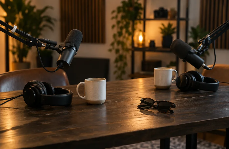 Podcast Caito Maia: mesa de estúdio de podcast com dois microfones, fones de ouvido e um par de óculos de sol
