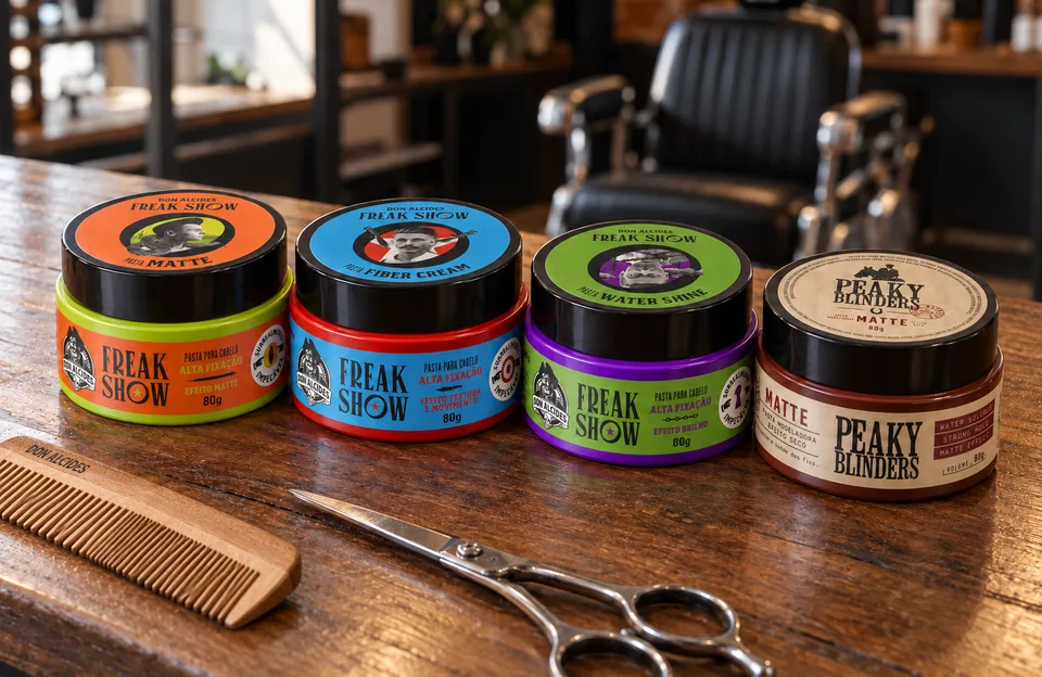 Pomada modeladora para cabelo: pomadas Freak Show Matte, Fiber Cream e Water Shine e a Pasta Matte Peaky Blinders Don Alcides na bancada da barbearia, com o pente de madeira Don Alcides
