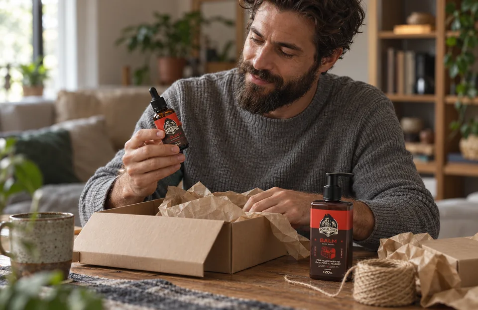 Presentes para homem: homem abrindo caixa de presente com o Óleo para Barba e o Balm para Barba Barba Negra Don Alcides