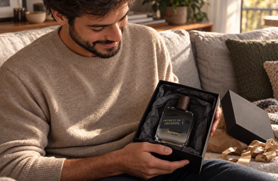 Presentes para o namorado: homem no sofá sorrindo ao abrir uma caixa de presente com o Perfume Decreto da Meia-Noite Don Alcides
