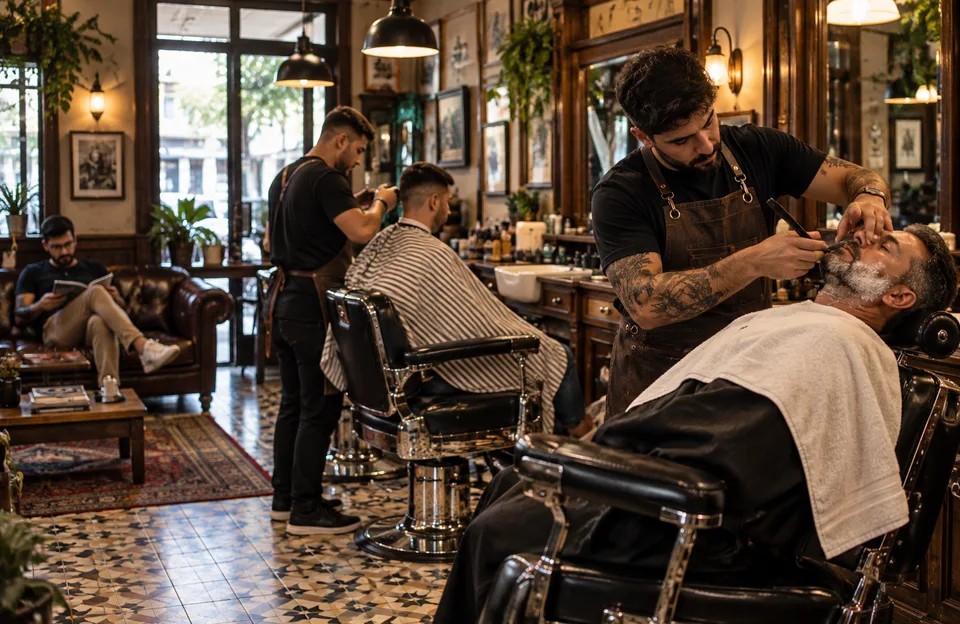 Principais barbearias do Brasil: barbearia clássica movimentada com barbeiros atendendo clientes em cadeiras de couro