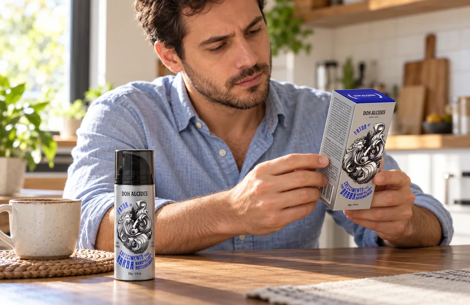 Produto para crescer barba: homem lendo a caixa do Fator de Crescimento para Barba Don Alcides na mesa da cozinha
