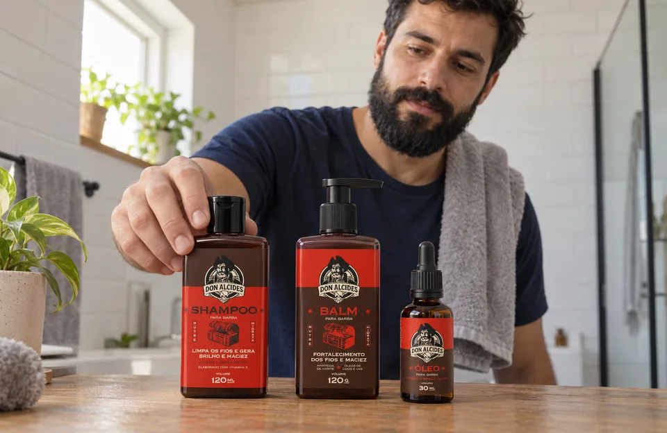 Produtos para barba: homem pegando o Shampoo para Barba Barba Negra Don Alcides, com o Balm e o Óleo enfileirados na bancada na ordem de uso