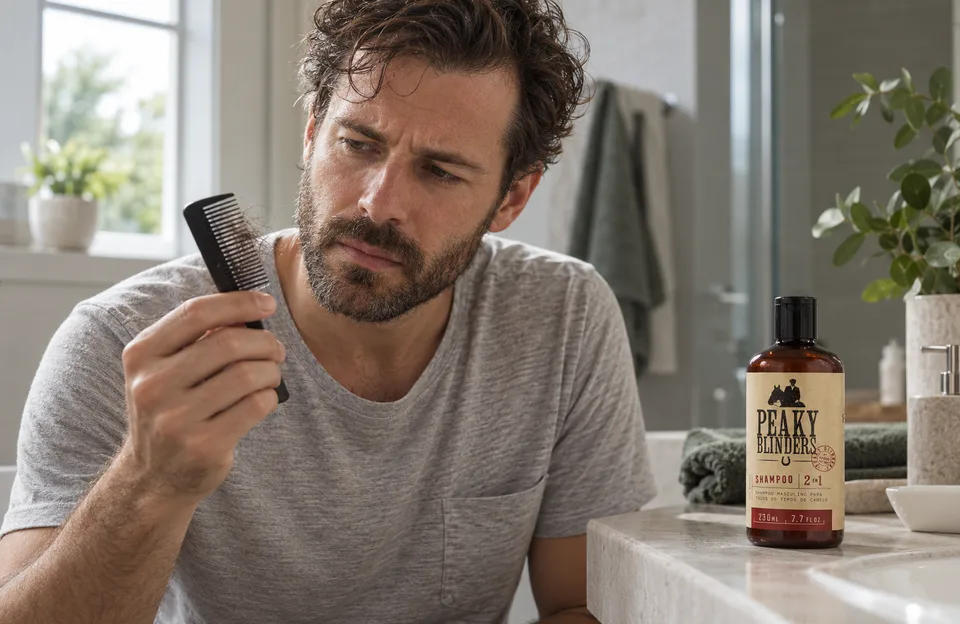 Queda de cabelo masculino: homem olhando fios de cabelo presos no pente, com o shampoo 2 em 1 Don Alcides Peaky Blinders na bancada