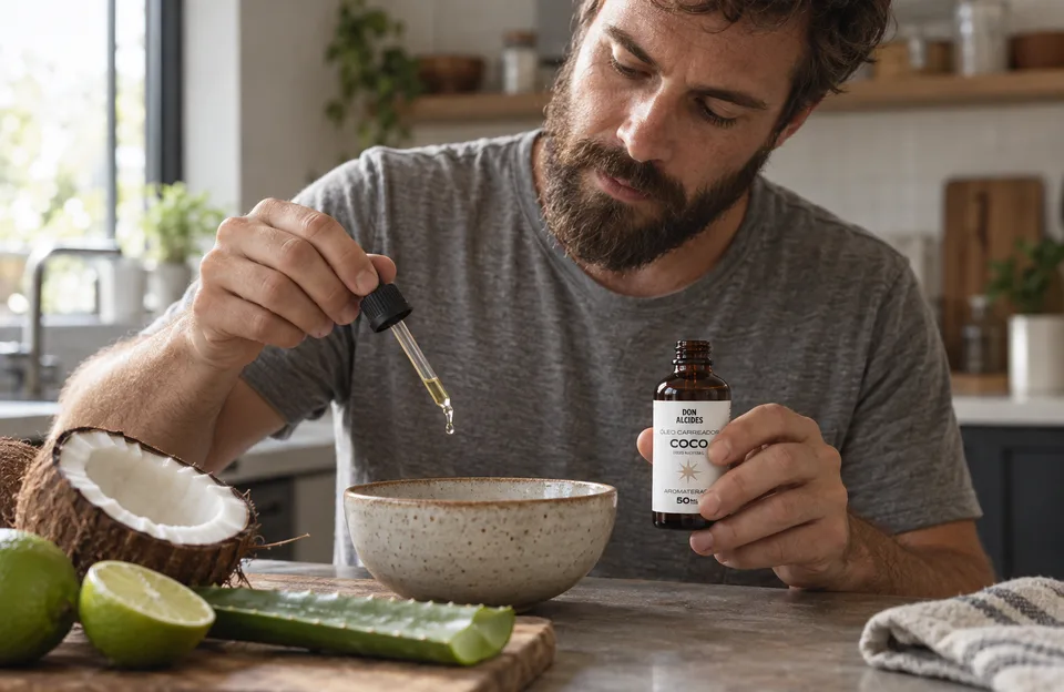 Receitas caseiras para crescer barba: homem pingando o óleo carreador de coco Don Alcides numa tigela com coco, babosa e limão