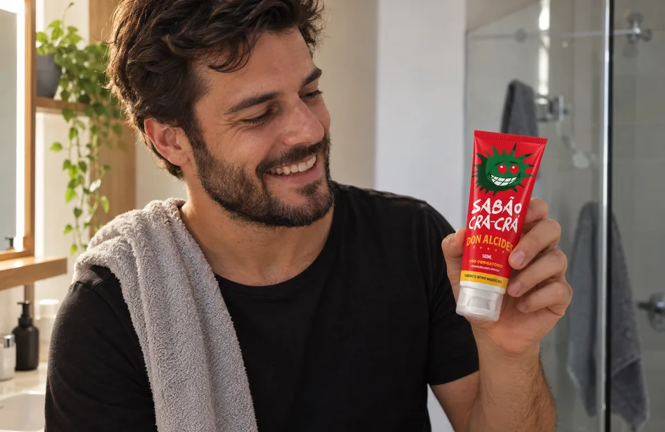 Sabonete íntimo masculino: homem rindo no banheiro segurando o Sabão Cra-Crá, sabonete íntimo masculino Don Alcides