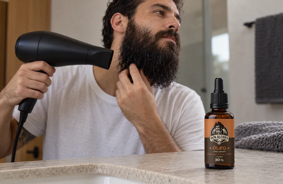 Secador de cabelo na barba: homem secando a barba longa com secador e o óleo para barba Don Alcides Coffee na bancada