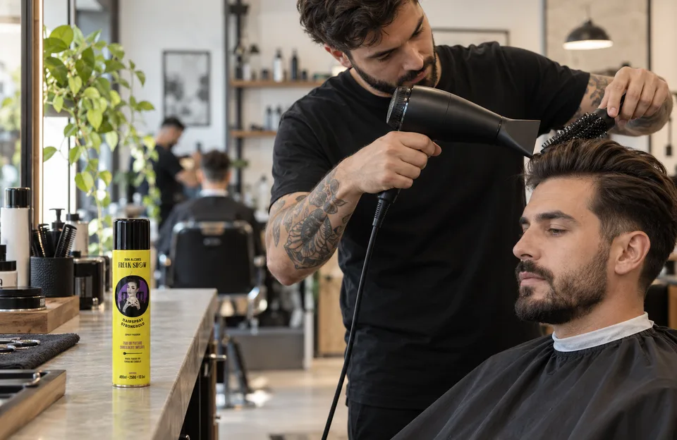 Barbeiro secando e modelando o cabelo do cliente com um secador profissional, com o hairspray Don Alcides Freak Show na bancada