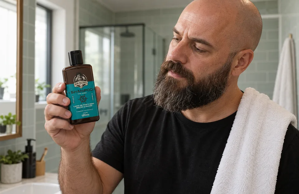Shampoo para barba: homem careca de barba cheia lendo o rótulo do Shampoo para Barba Calico Jack Don Alcides no banheiro
