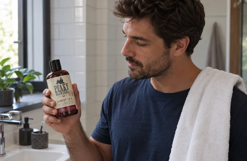 Shampoo para cabelo masculino: homem com toalha no ombro segurando o Shampoo 2 em 1 Peaky Blinders Don Alcides no banheiro