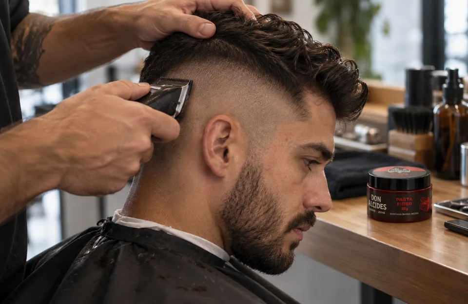 Side zero: barbeiro raspando a lateral da cabeça do cliente com máquina, com a pasta Fiber Don Alcides Barba Negra na bancada