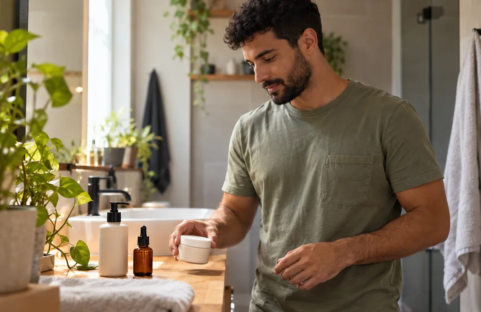 Skincare masculino: homem pegando o pote de hidratante na bancada do banheiro, ao lado de sabonete facial e sérum