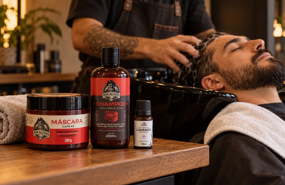 SPA Capilar Experience: cliente relaxado no lavatório da barbearia recebendo massagem no couro cabeludo, com a Máscara Capilar, o Shampoo e o Óleo Essencial de Lavanda Don Alcides