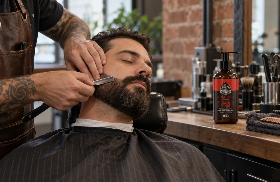 Tendências de barba e bigode: barbeiro finalizando com navalha a barba do cliente, com o balm Don Alcides 450 g na bancada