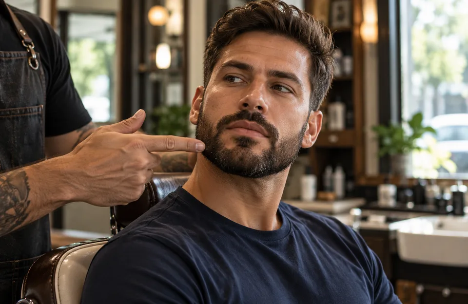 Tipo de barba para o formato do rosto: barbeiro indicando a linha do maxilar de um cliente de barba curta