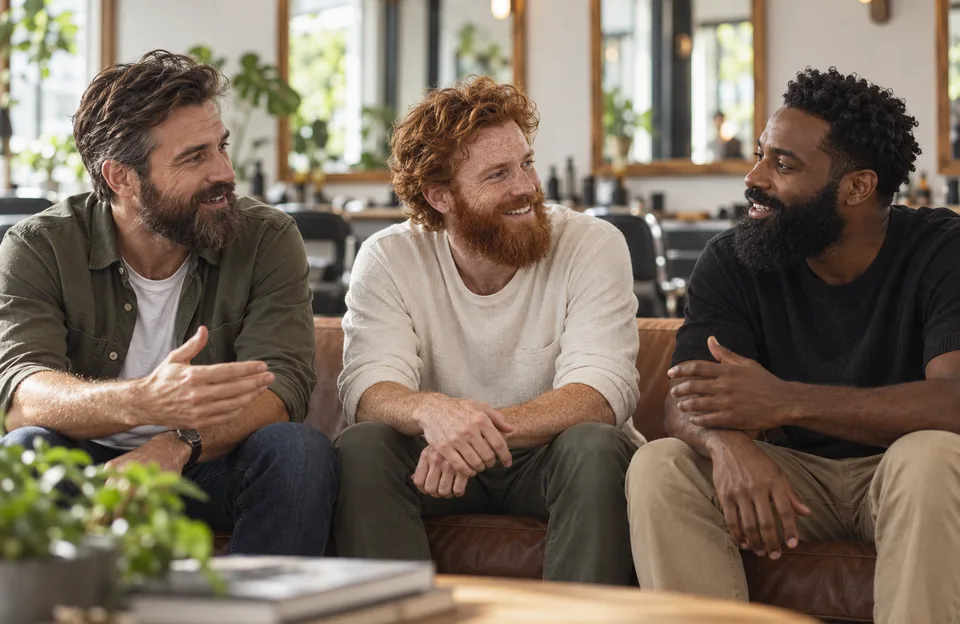 Tipos de pelos de barba: três homens com barba lisa, ondulada e crespa conversando no sofá de uma barbearia