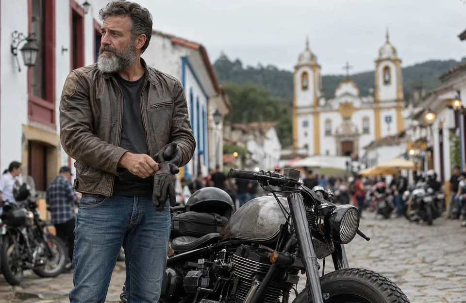 Tiradentes Bike Fest: motociclista de barba grisalha e jaqueta de couro ao lado de uma moto custom numa rua de pedra de cidade histórica