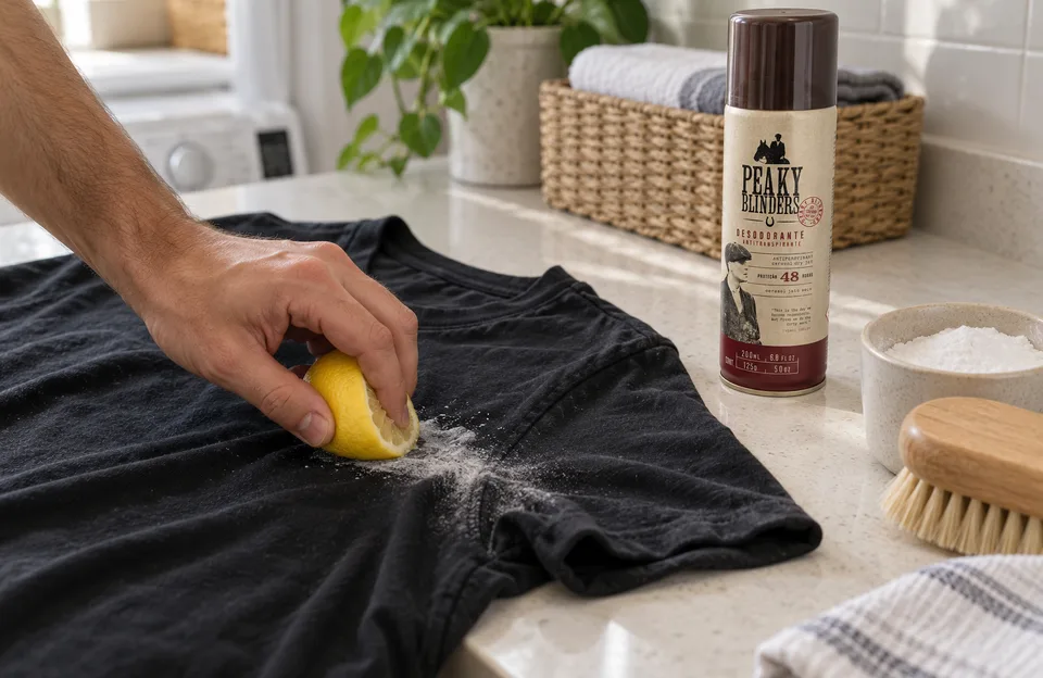 Tirar manchas de desodorante na roupa: mão esfregando meio limão na mancha de uma camiseta preta, com o desodorante Don Alcides Peaky Blinders ao lado